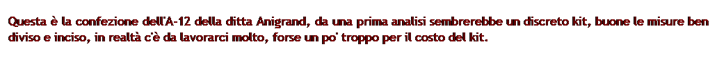 Casella di testo: Questa  la confezione dell'A-12 della ditta Anigrand, da una prima analisi sembrerebbe un discreto kit, buone le misure ben diviso e inciso, in realt c' da lavorarci molto, forse un po' troppo per il costo del kit.
