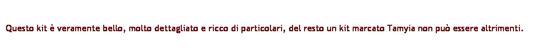 Casella di testo: Questo kit  veramente bello, molto dettagliato e ricco di particolari, del resto un kit marcato Tamyia non pu essere altrimenti.
