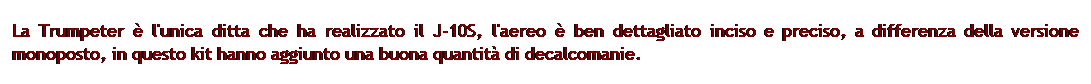 Casella di testo: La Trumpeter  l'unica ditta che ha realizzato il J-10S, l'aereo  ben dettagliato inciso e preciso, a differenza della versione monoposto, in questo kit hanno aggiunto una buona quantit di decalcomanie.
